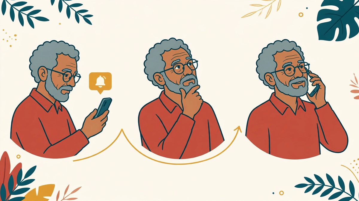 Pessoa madura recebe mensagem suspeita no celular e para para conferir antes de agir