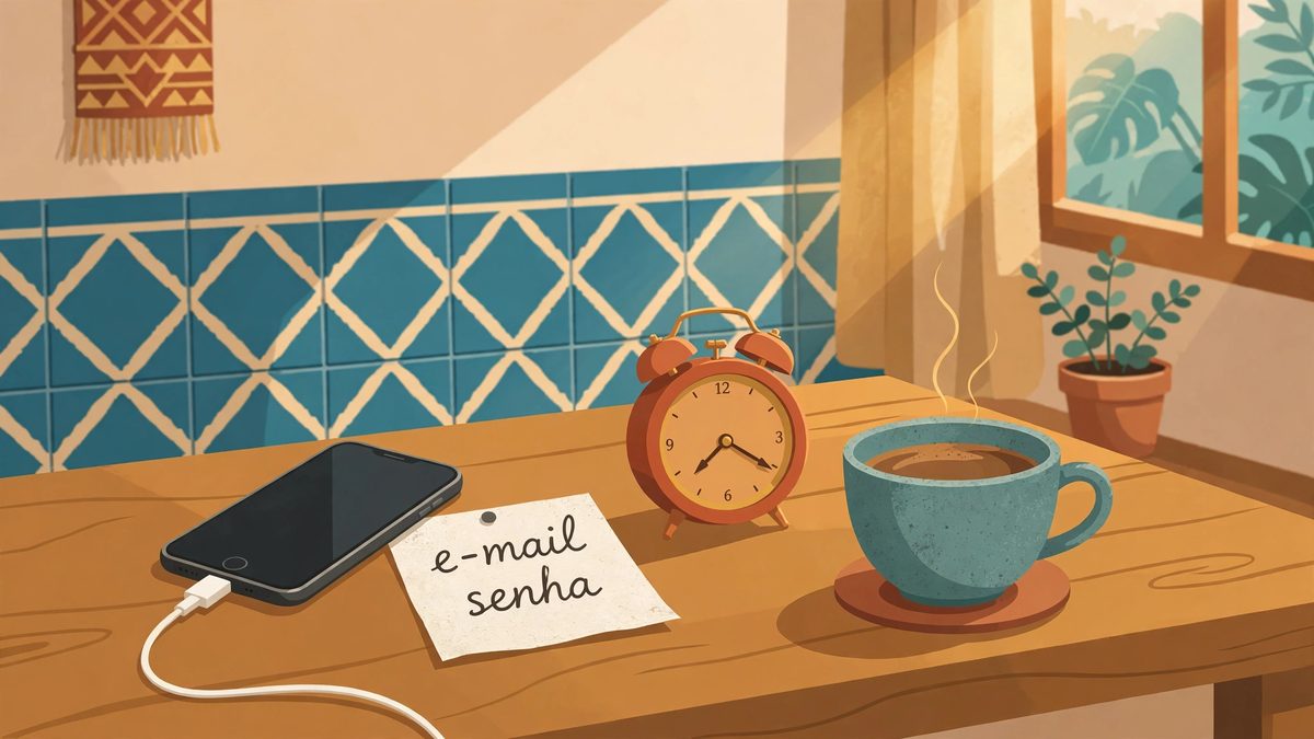 Celular carregando ao lado de um bilhete com e-mail e senha