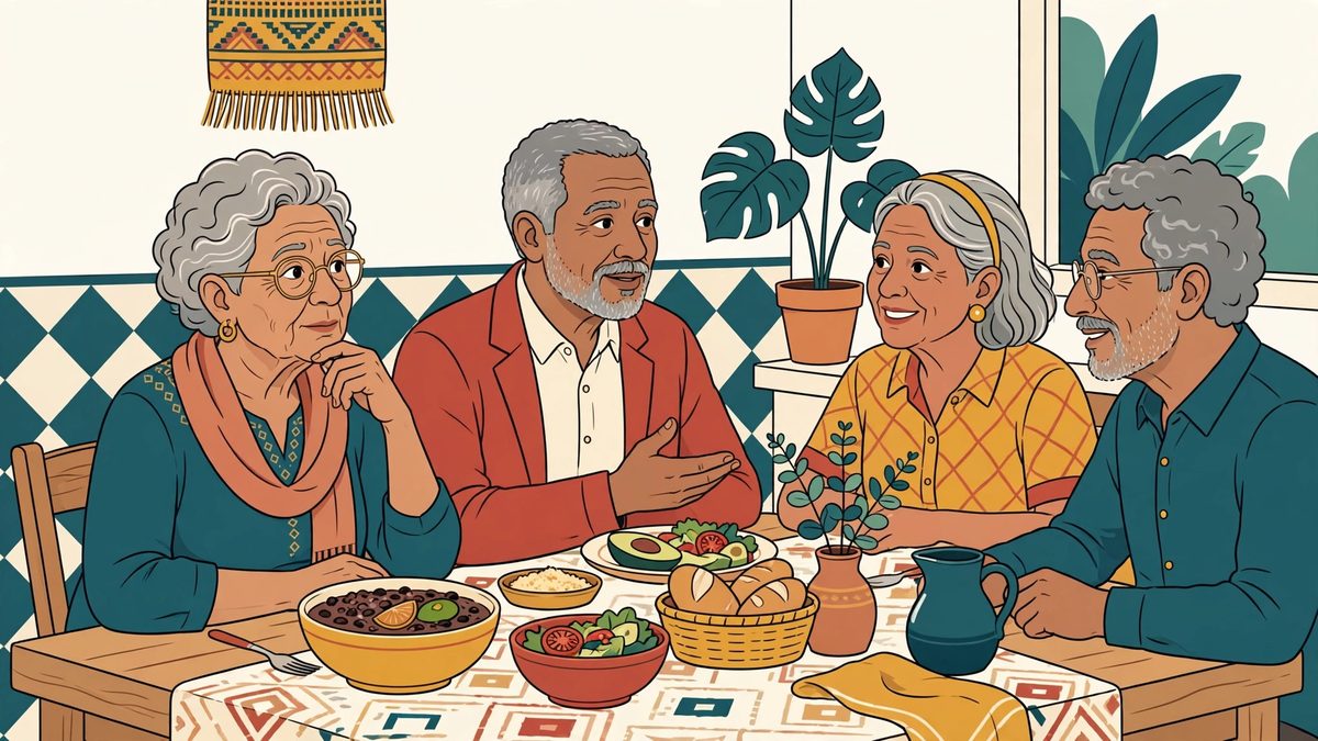 Idosos reunidos num almoço de domingo em família