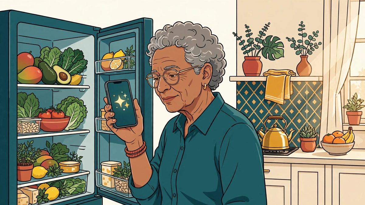 Pessoa madura na cozinha conversando com a IA sobre os alimentos da geladeira