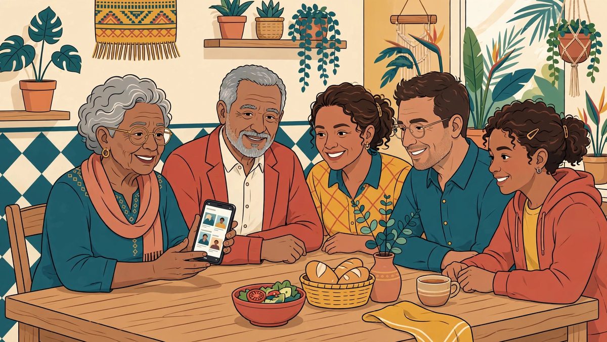 Avó mostrando fotos no celular para a família reunida à mesa